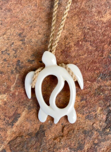 Hawaiian Turtle Necklace – Hand Carved Buffalo Bone Pendant On Brown Cord Choker