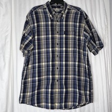 Izod Mens Short Sleeve Button Down Shirt Blue Plaid Top Business Casual Sz Large