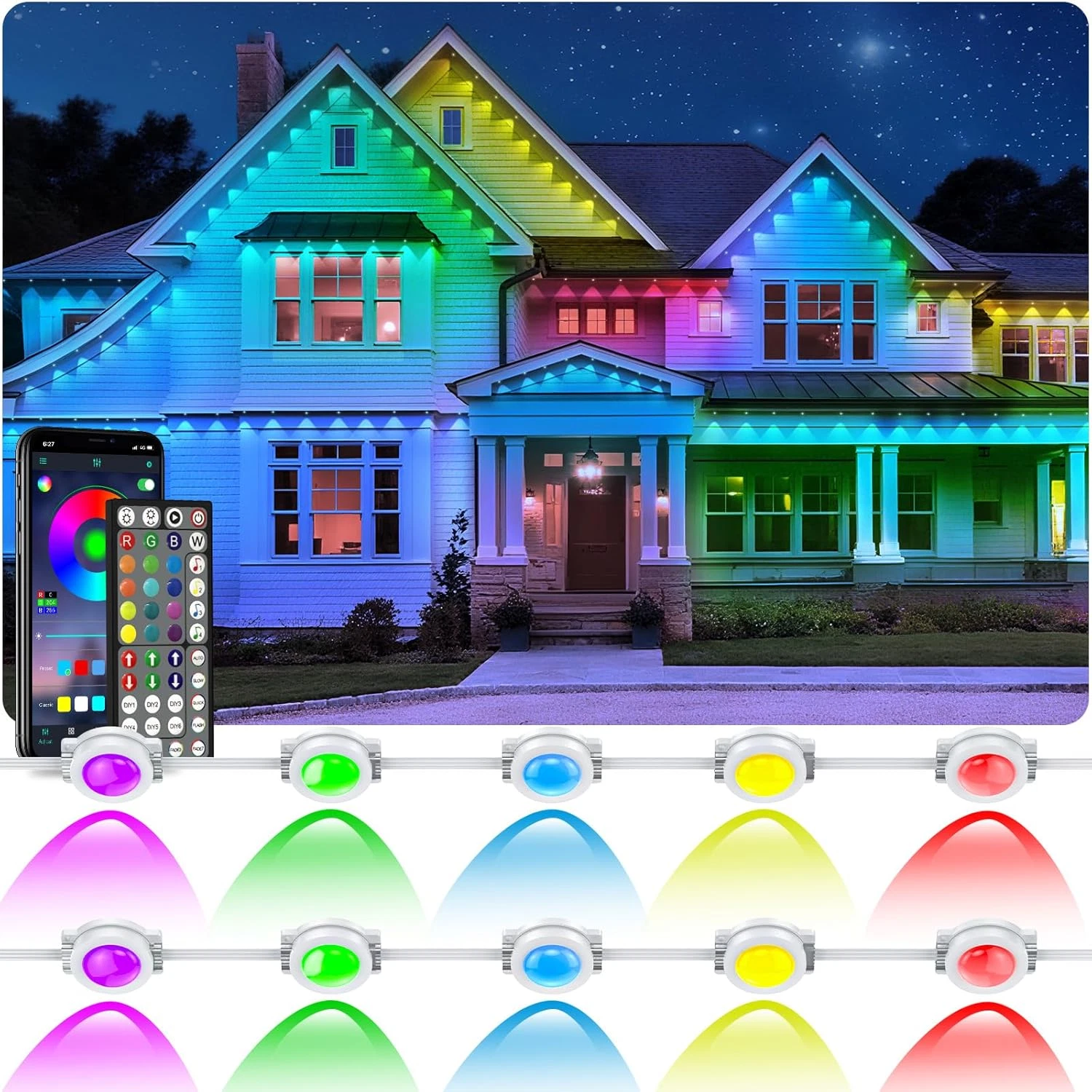 200FT RGB Outdoor Eaves Lights with App Control - Waterproof Garden Decor
