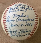 Sam Wahoo Crawford personalized autographed baseball.  6/19/1959