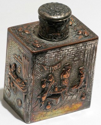 Antique Copper Hip Flask Tavern Scene Figural Relief Panels Dutch Folk Art Flask