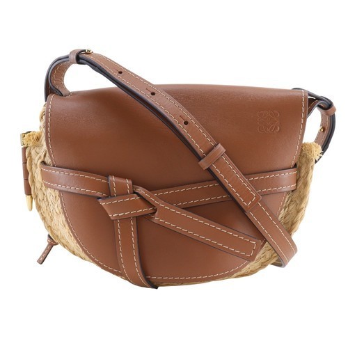 Loewe Mini Gate Leather/ Raffia Crossbody Bag in Tan with Gold Hardware
