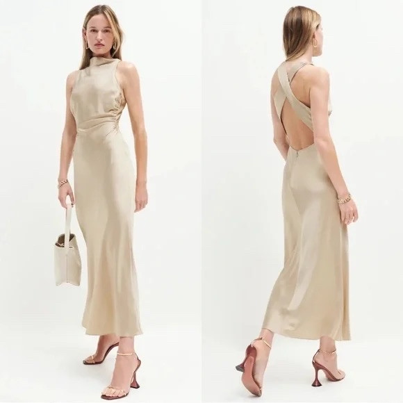 Reformation Exclusive Gold Casette Silk Dress Size 2 image 6