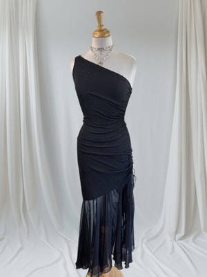Black Sparkly Off Shoulder Ruched Gown Fairy Goth Formal Romantic Sheer Y2K S