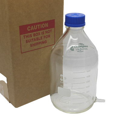 New CHEMGLASS Duran 2000mL Glass Aspirator Bottle Vented GL-45 Cap Hose Barb