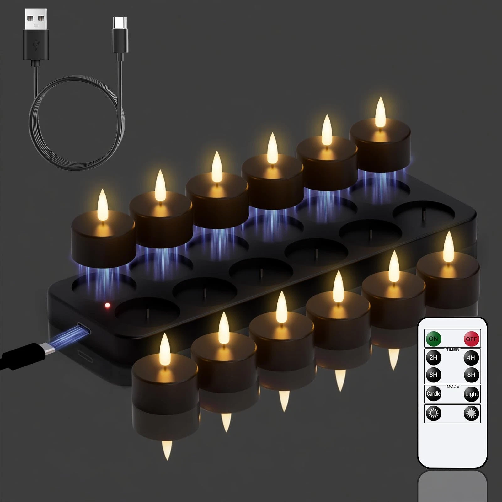 12 Rechargeable Flameless Tea Light Candles with Remote Timer and Base