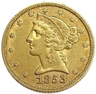 1853 GOLD USA NO-MOTTO $5 DOLLAR LIBERTY HEAD HALF EAGLE COIN