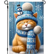 Garden Flag, 12  x18  , Winter Cat Snowman, burlap polyester double-sided