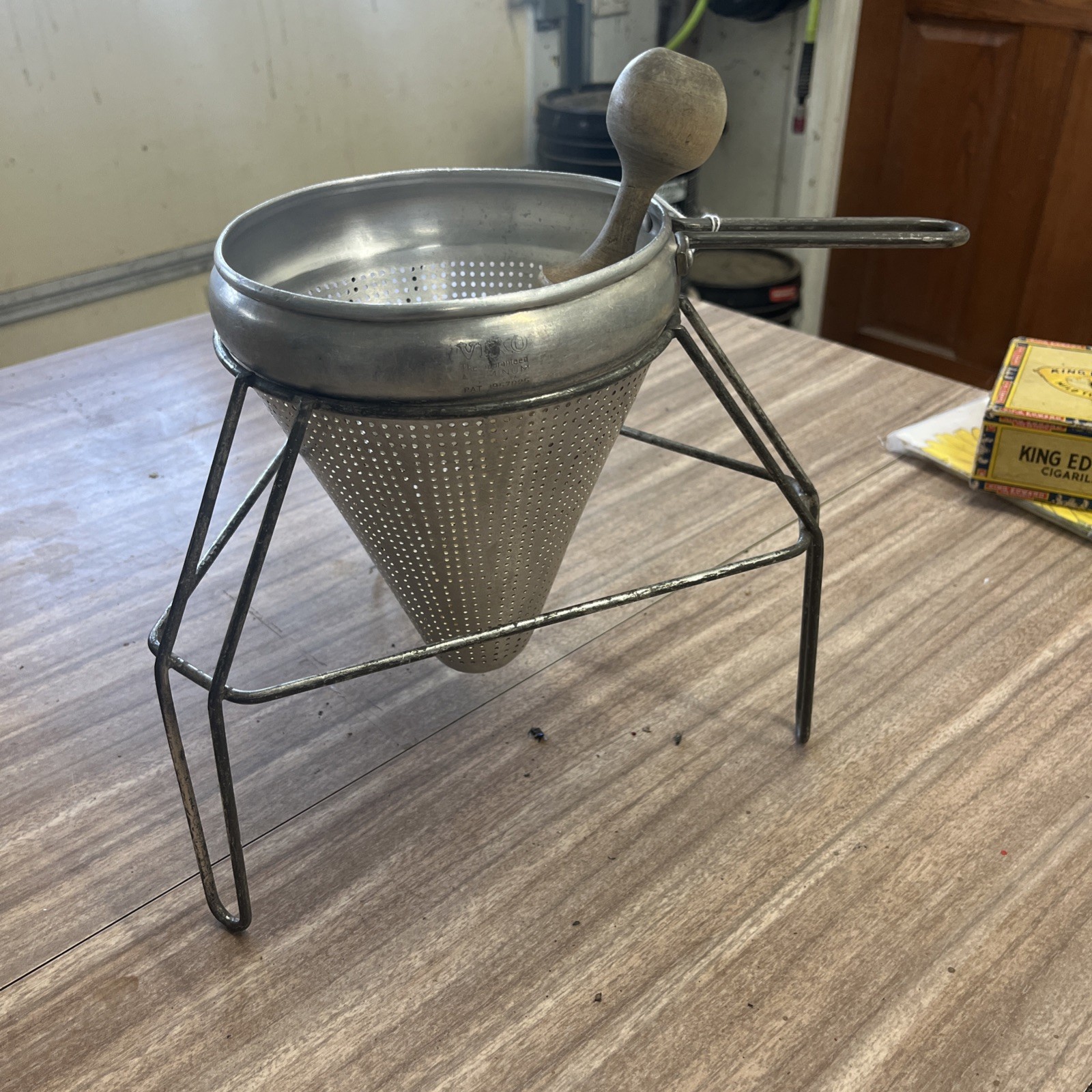 Vintage Aluminum Cone Colander Strainer Pestle