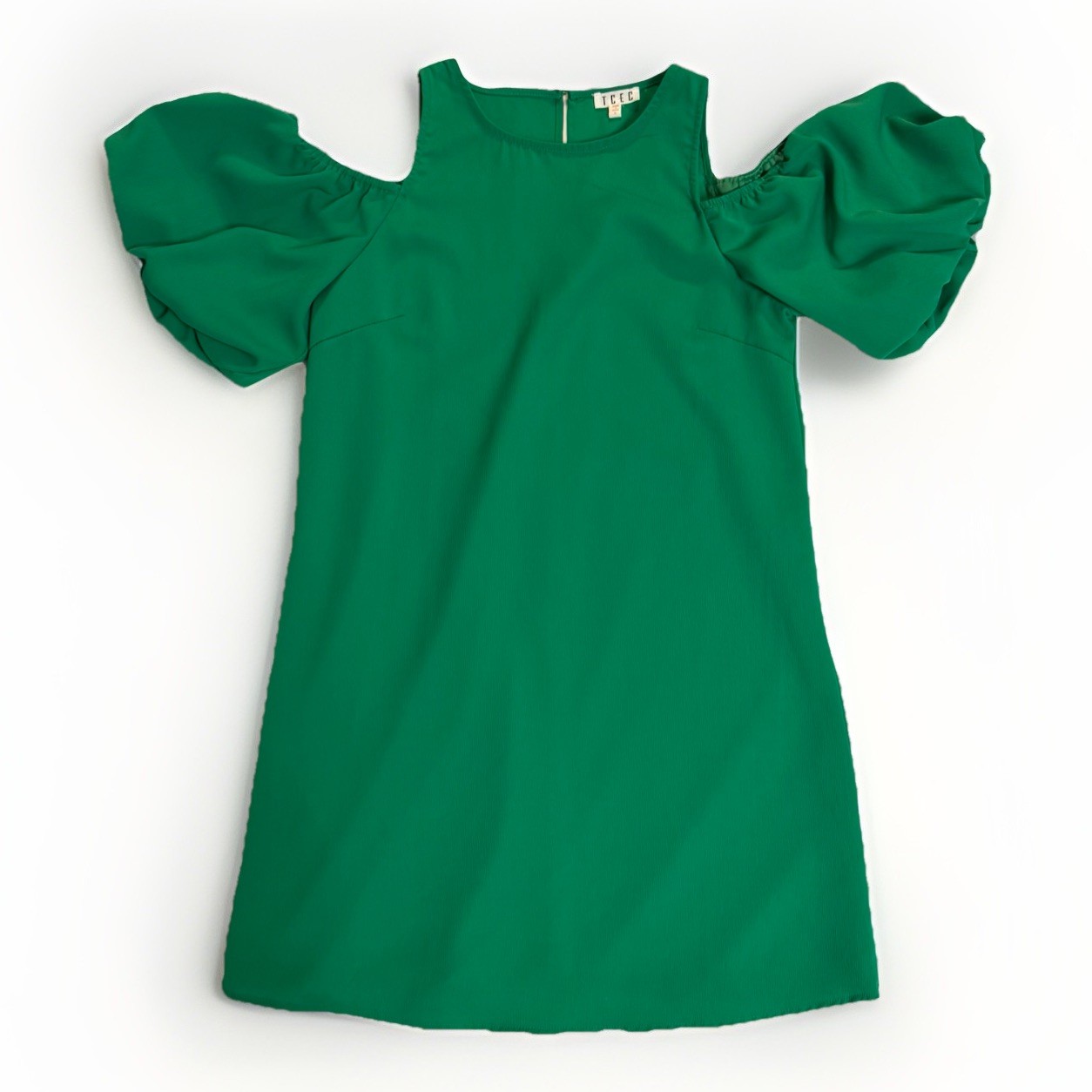 Green TCEC Cold-Shoulder Dress Puff Sleeves Women Size S Above Knee Rayon