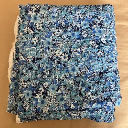 VTG Blue White Floral Crinkle Gauze Cotton Fabric Piece Remnant 52in X 108in