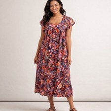 Floral Boho Midi House Dress Short Sleeve Size M Y2K Country Cottagecore Empire