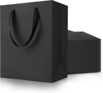 Black Gift Bags With Handles: 8x5x10 Inch 50 Pack Medium Paper Bags Bulk For