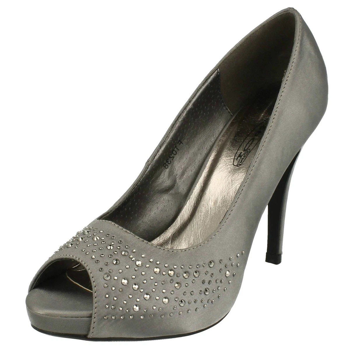 SALE Ladies Pewter Colour Peep Toe Stiletto Satin Court Shoes. F10238