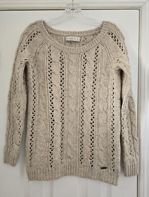 Abercrombie & Fitch NY Sweater Women S Cream Gray Wool Blnd Cable Open Knit Logo