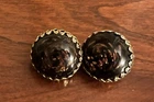 Vintage Signed Miriam Haskell Pierced Earrings Black Glass Bronze Gold Swirls