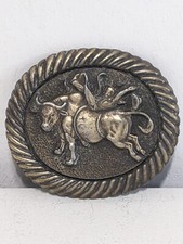 Vtg Oval Brass Cowboy, Bronco, Rodeo Belt Buckle Made In USA MBCI