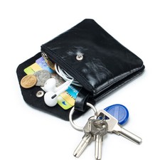 Black Small Coin Purse Mini Wallet with Zipper Keychain Card Case for Women Men