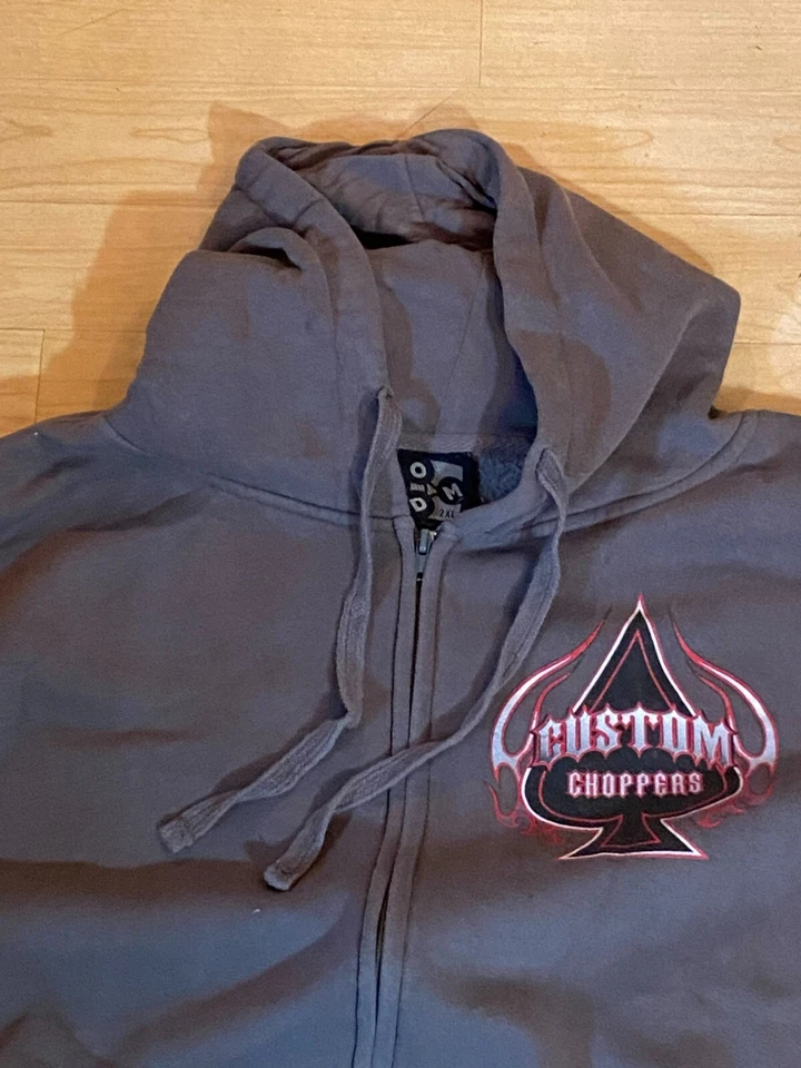 Chaqueta Choppers Personalizada con Capucha para Hombre, Cremallera Frontal, Gris, 2XL, Usada Foto 3 de 4
