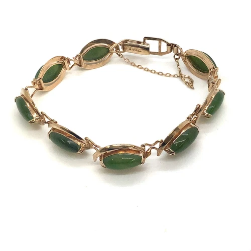 Vintage Sterling Signed Silver Y Green Stone Jade Panel Link Bracelet size 7 1/4