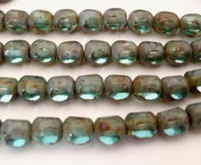25 6 mm Czech Glass Antique Style Triangle Beads: Teal - Picasso