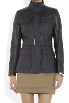 ボタン Theory Macaire Navy Leather Cotton Canvas Jacket Safari Style Sz