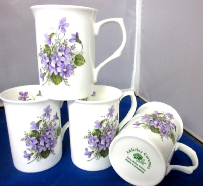 WILD VIOLET SET OF FOUR IDENTICAL, FINE BONE CHINA MUGS ENGLISH MADE..NEW UNUSED