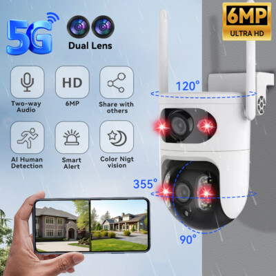 Dual Lens 6MP Security Cameras Wireless Outdoor Surveillance Indoor Home Camera