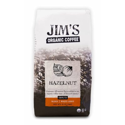 Jim's Organic Coffee Hazelnut 12 oz 100 Arabica Ground Coffee USDA Organic