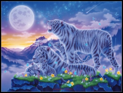 Tigers at Moonlight - Chart Counted Cross Stitch Patterns Needlework DMC Color