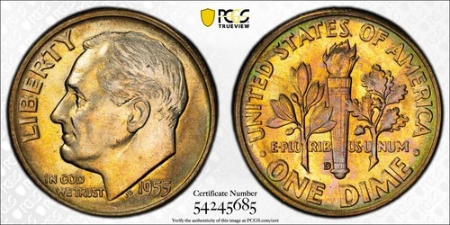 1955-D Roosevelt Dime PCGS MS65 FB Toner 10C Silver Ten Cents FULL BANDS
