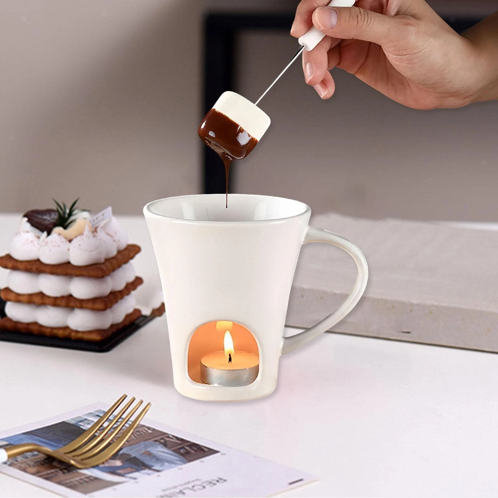 Fondue Cup Kitchen Butter Warmer Candy Hot Pot Ceramic Cheese Melting Chocolate