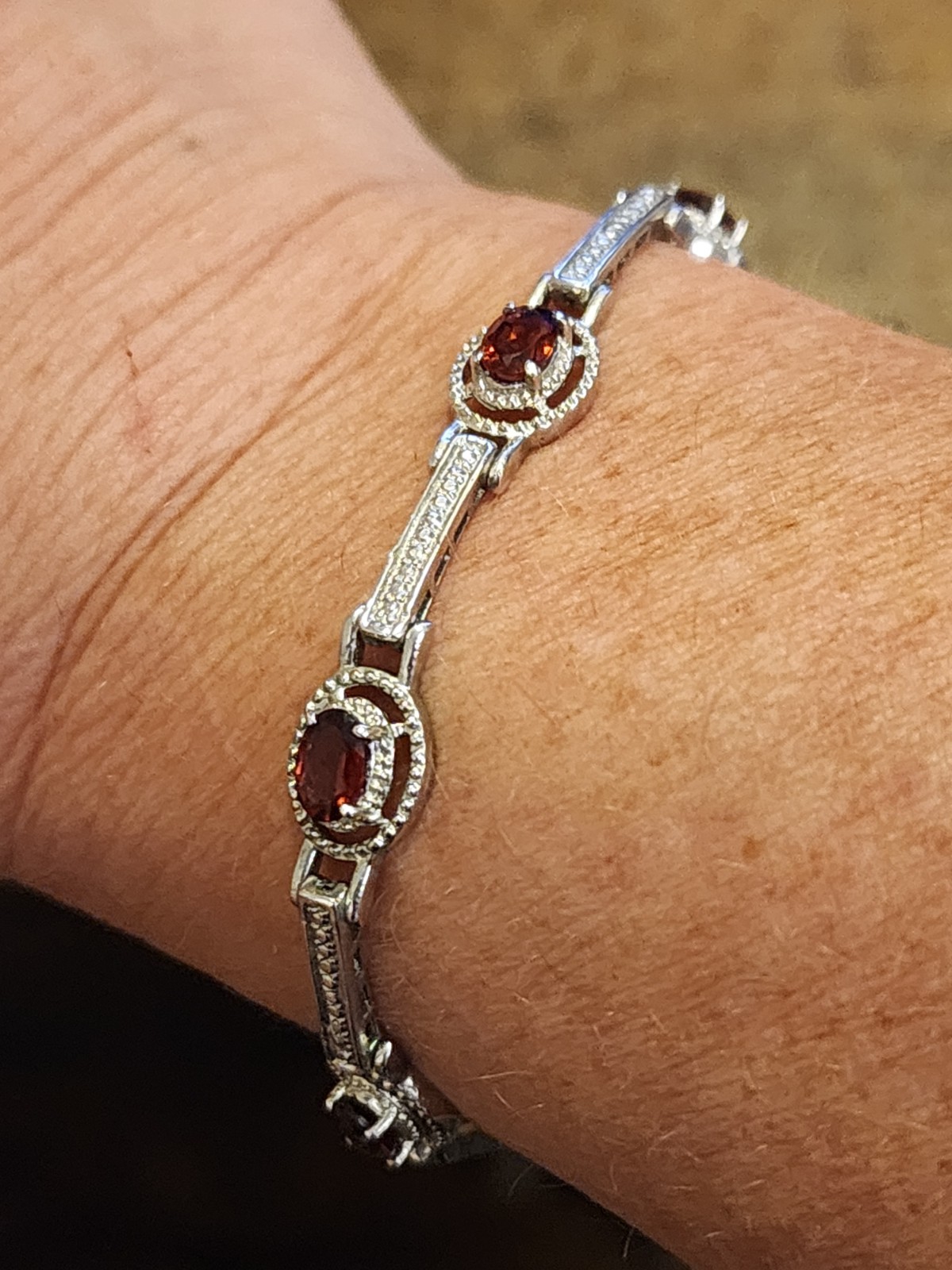 Signed Vtg Deep Red Garnet Gemstone Silvertone 7.… - image 10