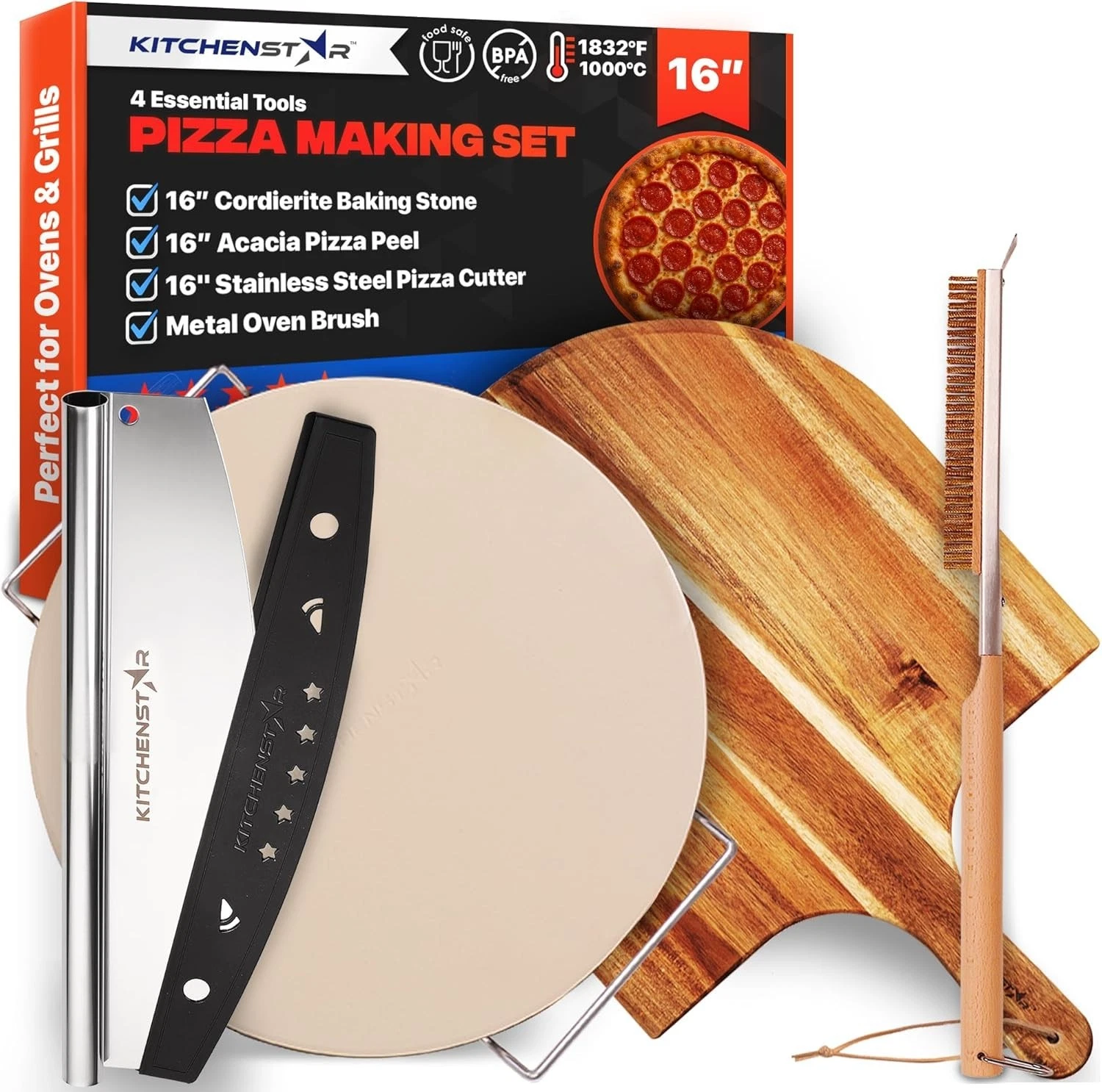 16 Inch Pizza Making Set 6 Pieces Pizza Stone Rack Peel Cutter Brush Oven Grill
Opens in a new windo