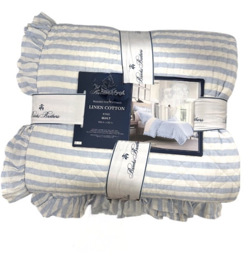 Brooks Brothers Blue and White Striped Linen Cotton King Quilt New 106”x92”