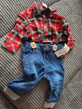 Baby Cat  Jack - Plaid Shirt, Bow tie  Jeans, Suspenders 3/6 Months -NWT
