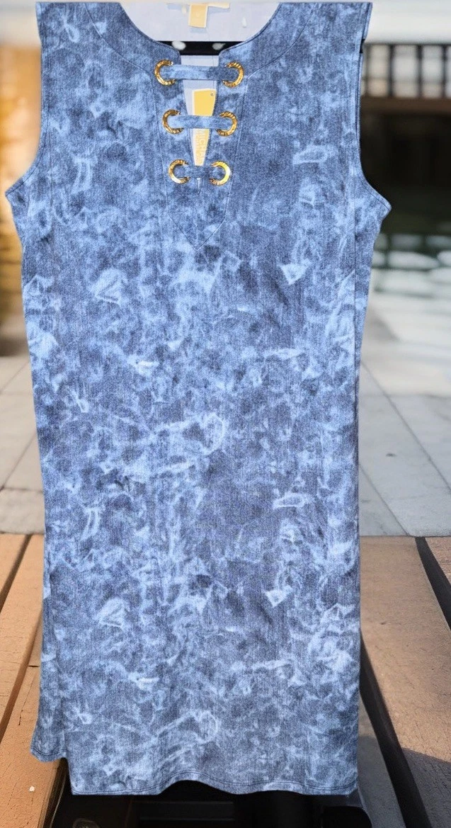 Abito donna Michael Kors senza maniche tinto in cravatta stringato blu nuovo con etichette taglia M ret. $101 50