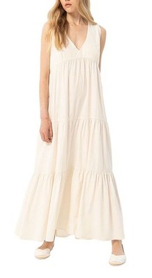 Surkana Maxikleid offwhite Leinenmix breite Träger V-Neck Stufenrock 524NAKI725