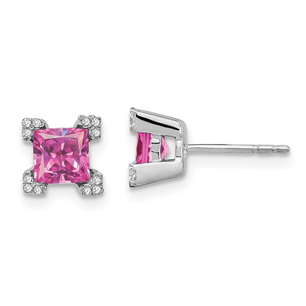 14k White Gold 5mm Lab Created Pink Sapphire and Diamond Corners Stud Earrings