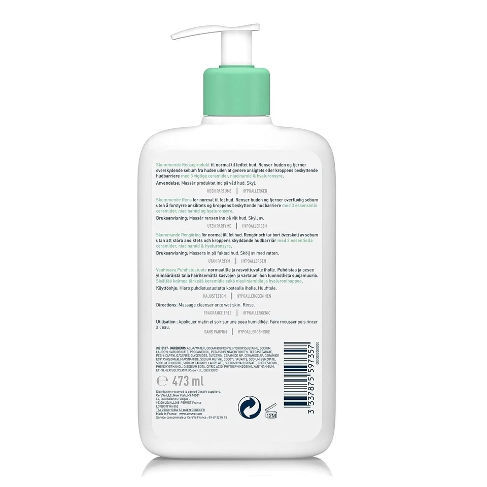 CeraVe Gel Moussant Nettoyant Visage Doux 473ml - Peaux Normales à Mixtes - Photo 2/4