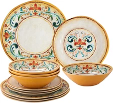 ware 12 Piece Tuscany Melamine Dinnerware Sets, Outdoor Dishes Set, Plates and B