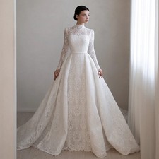 Elegant A-line Wedding Dress with High Neck Long Sleeved Lace Bohemian Ball Gown