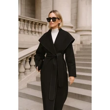 Cuyana wool drape collar wrap coat black size large minimalist quiet luxury