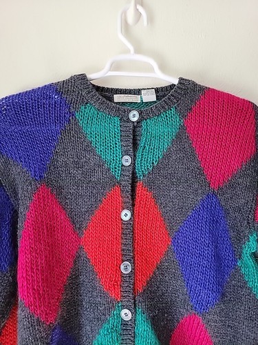 Vtg Hand Knit Argyle Mohair Blend Fuzzy Cropped Cardigan Sweater Size Petite S - Picture 12 of 16