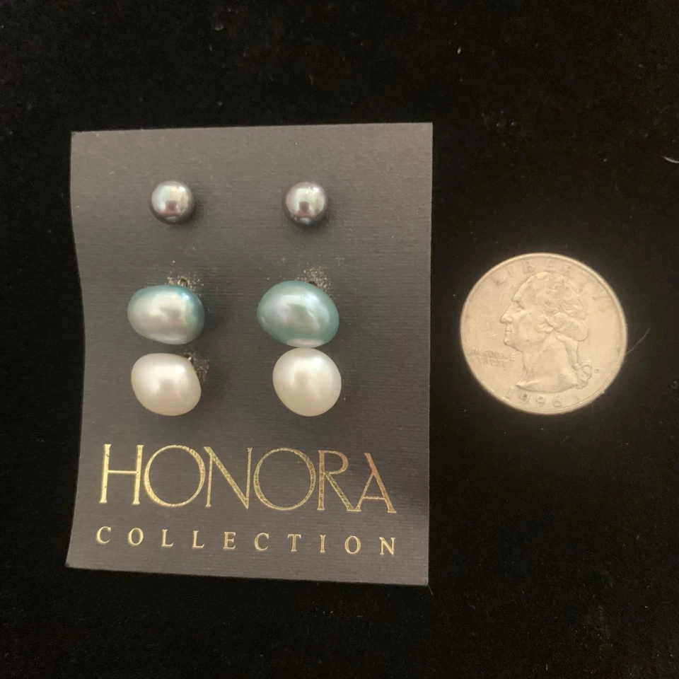 Conjunto de 3 pendientes de perlas cultivadas de agua dulce de la colección Honora vintage Estate Foto 4 de 4