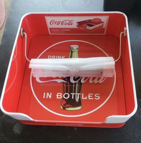 Vintage Style Coca-Cola Tin Napkin Holder Dispenser with Bottle Weight Red White