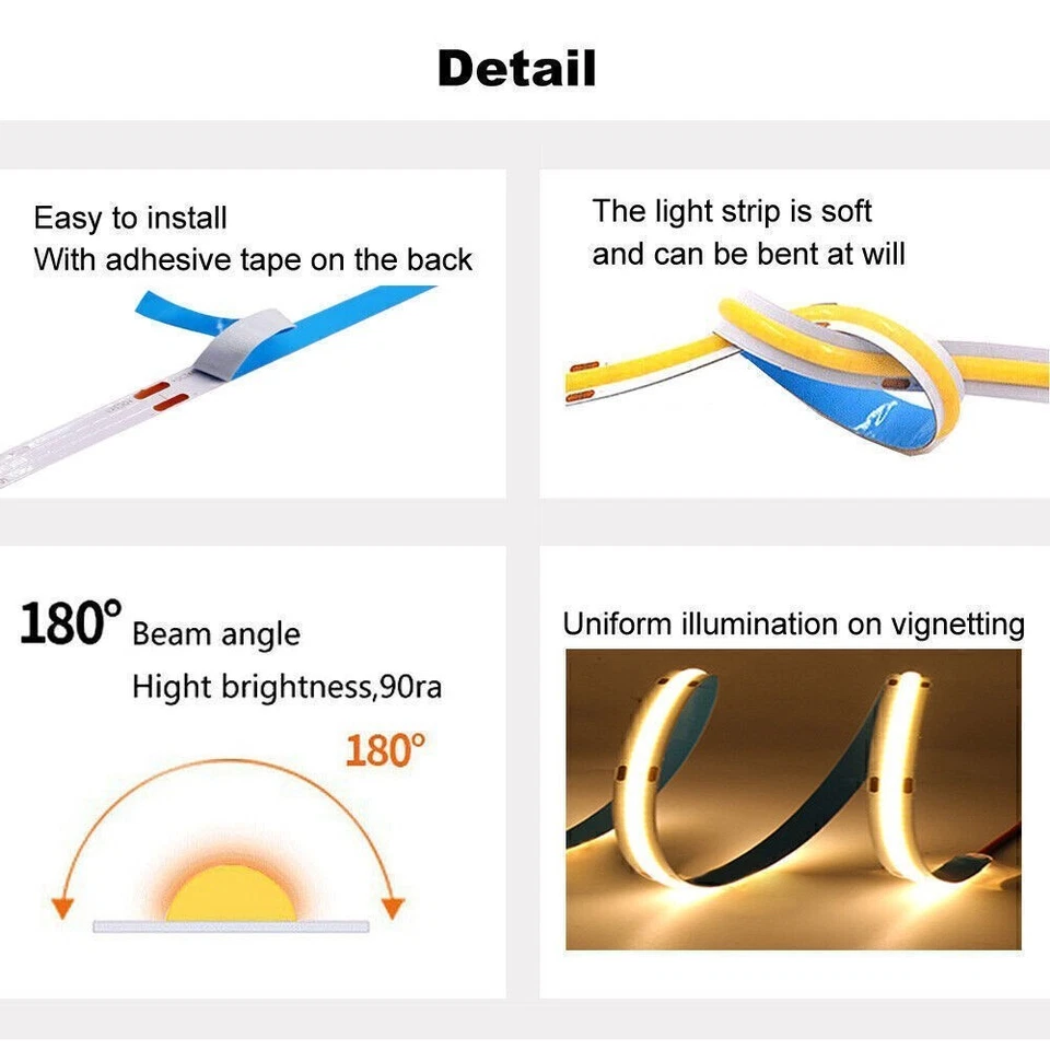 1-5m/16Ft COB LED Strip 2.7mm Width 480LED/m Flexible High Bright Tape Light DIY - Image 3 of 4