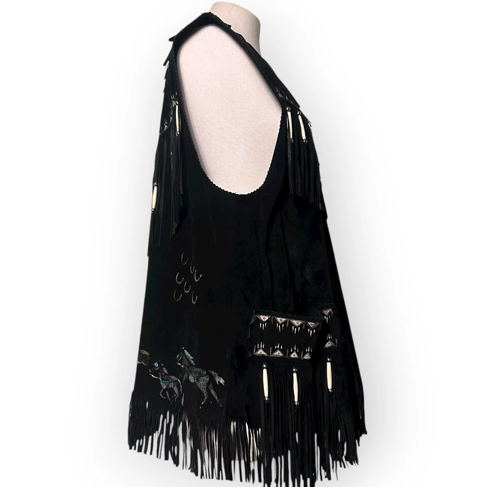 Vintage Patricia Wolf Vest Womens Large Black Suede Hand-Painted Fringe Leather - Image 3 of 4