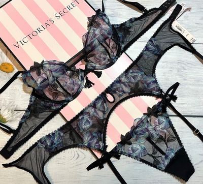 #ad #ad Victoria#x27;s Secret Black Electric Orchid Embroidery Unlined Demi Bra Garter Set $65.00