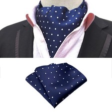 Men Polka Dots Blue Cravat Ascot Necktie Handkerchief Pocket Square Wedding Set